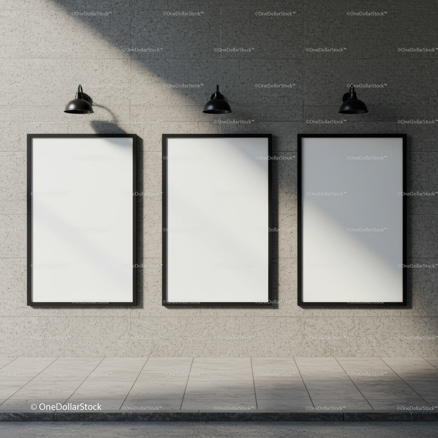 Three blank posters on modern stone wall with lights