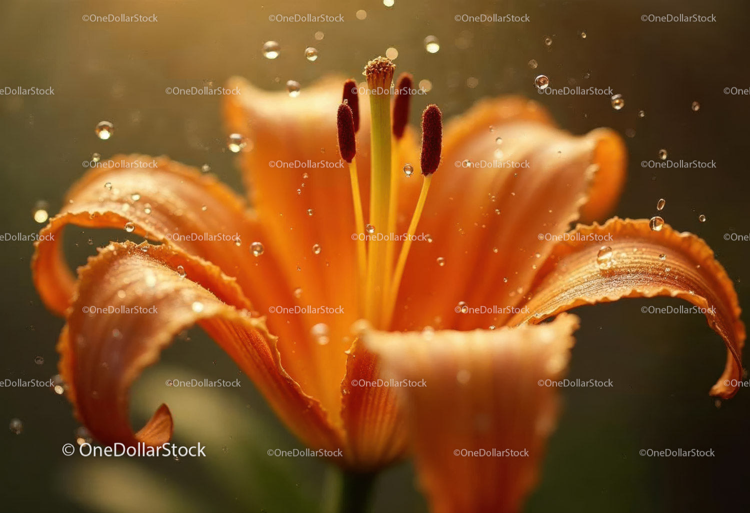 Close-Up of Orange Lily Flower with Dew Drops in Bloom