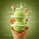 Double Scoop Pistachio Ice Cream in Waffle Cone with Sauce