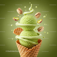 Double Scoop Pistachio Ice Cream in Waffle Cone with Sauce