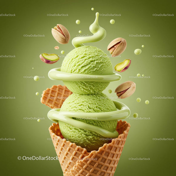 Double Scoop Pistachio Ice Cream in Waffle Cone with Sauce