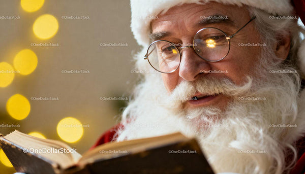 Santa Claus reading an old book by Christmas lights