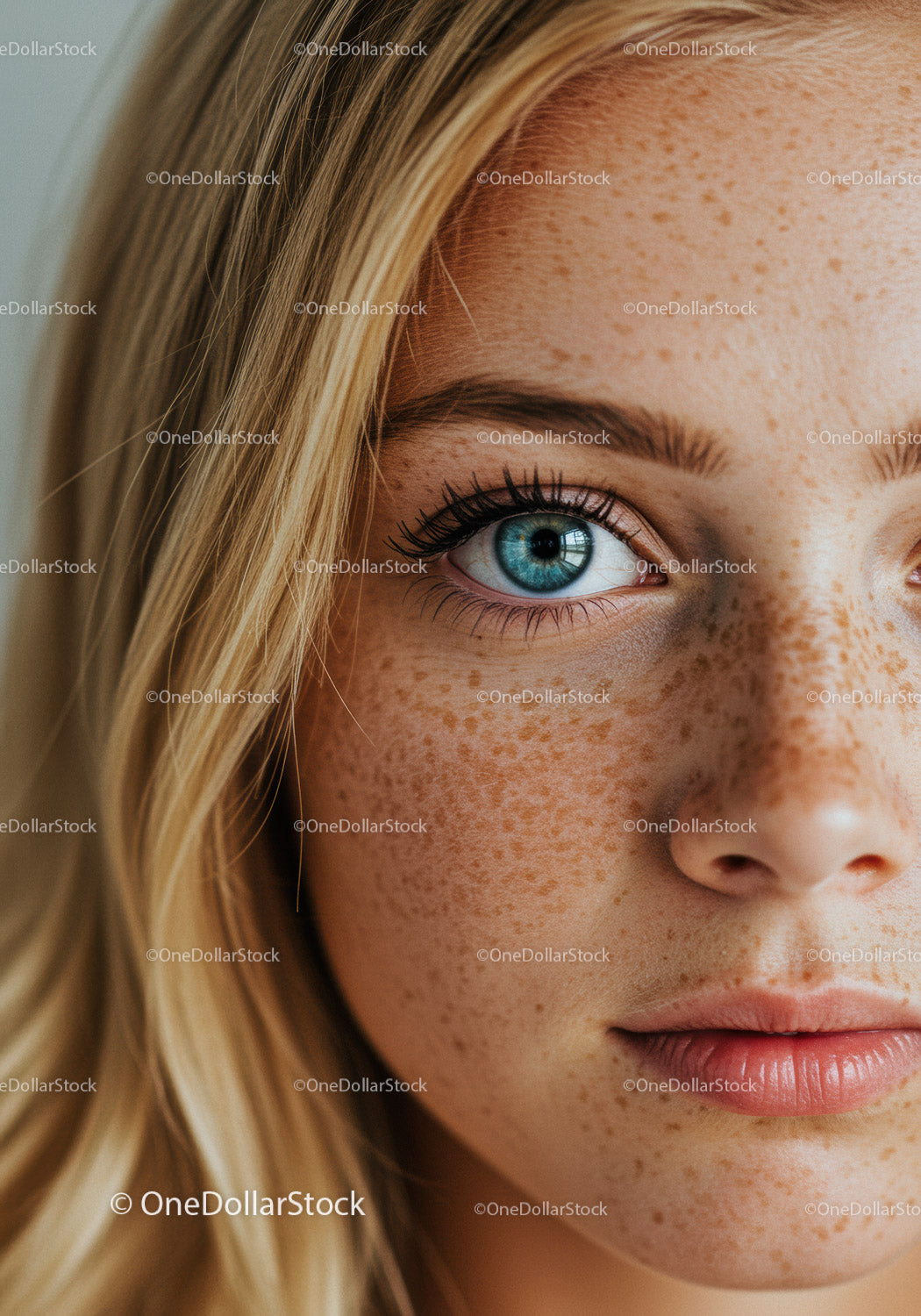 Close up of young woman with freckles and blue eye