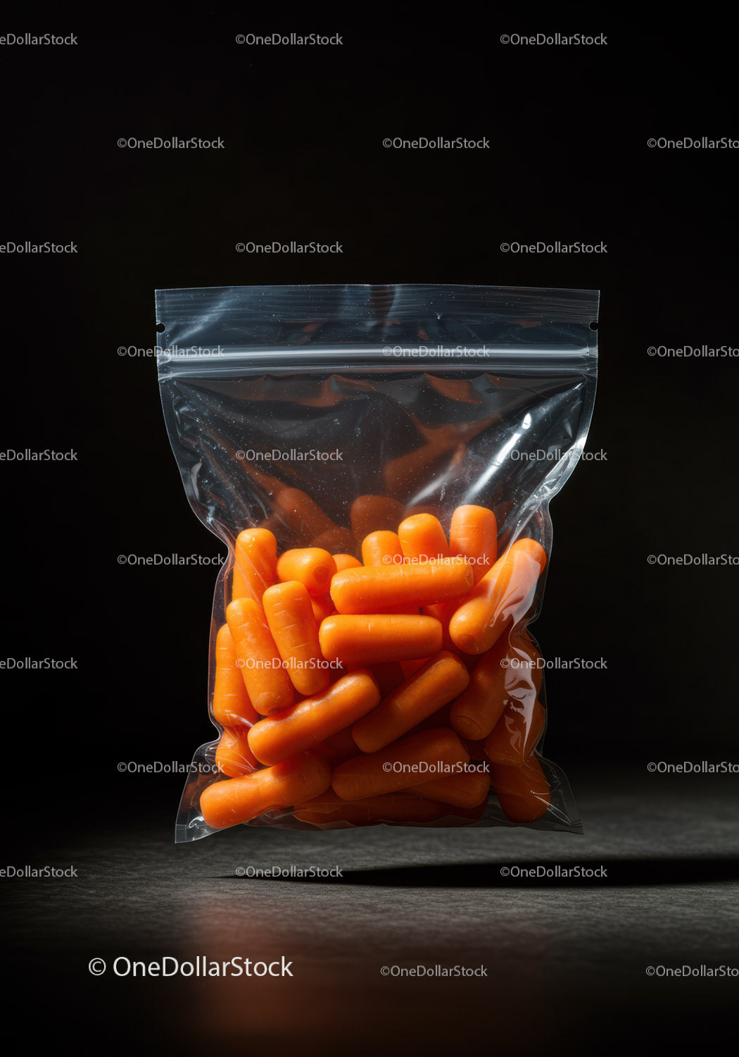 Świeże młode marchewki w przezroczystej plastikowej torebce strunowej