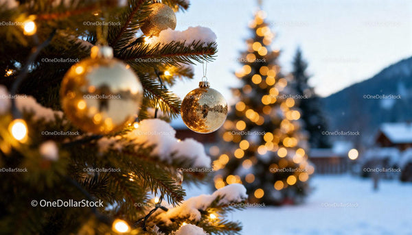 Golden Christmas baubles on snowy outdoor tree
