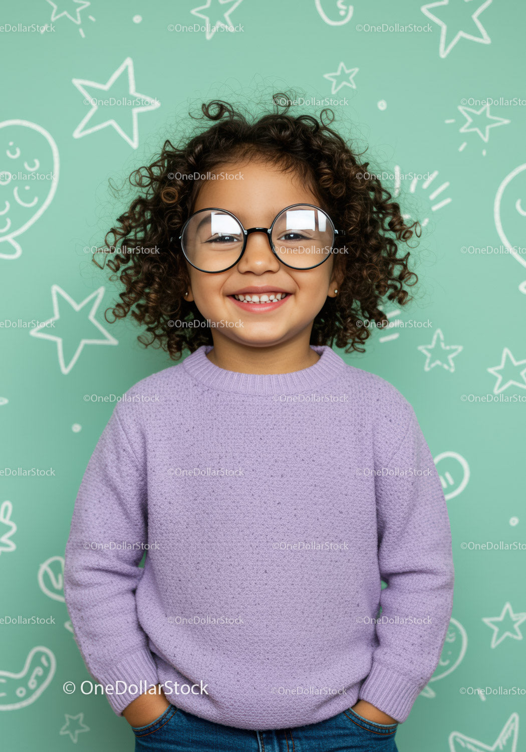 Smiling girl with curly hair and oversized glasses