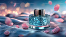Elegant Glass Jar of Skincare with Pink Petals on Soft Fabric