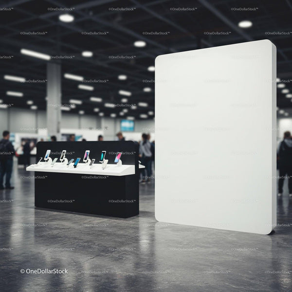 Modern smartphone display stand in spacious tech expo JPG Mockup Image