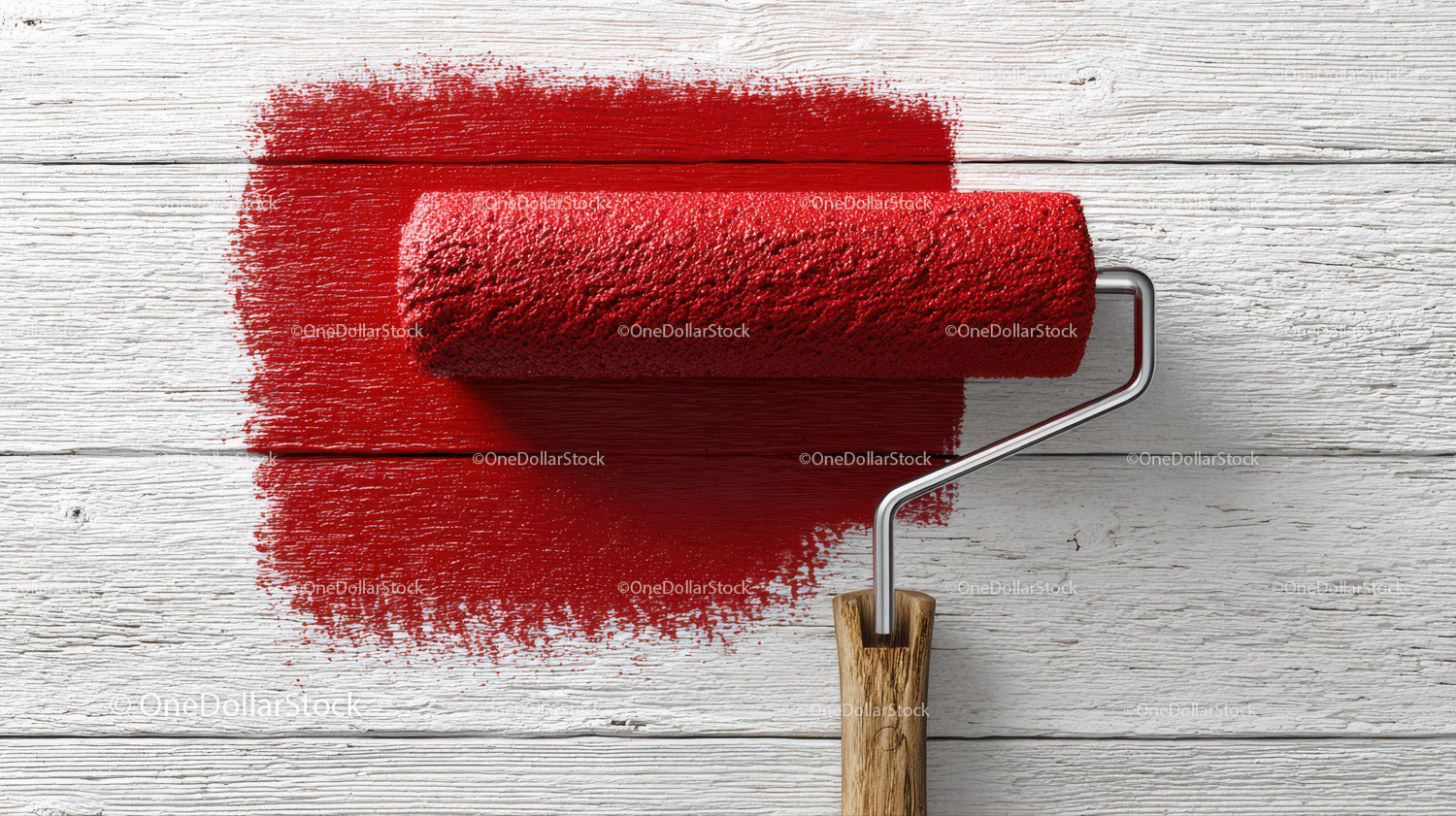 Red Paint Roller Spreading Bright Color on Wooden Wall Surface