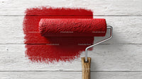 Red Paint Roller Spreading Bright Color on Wooden Wall Surface