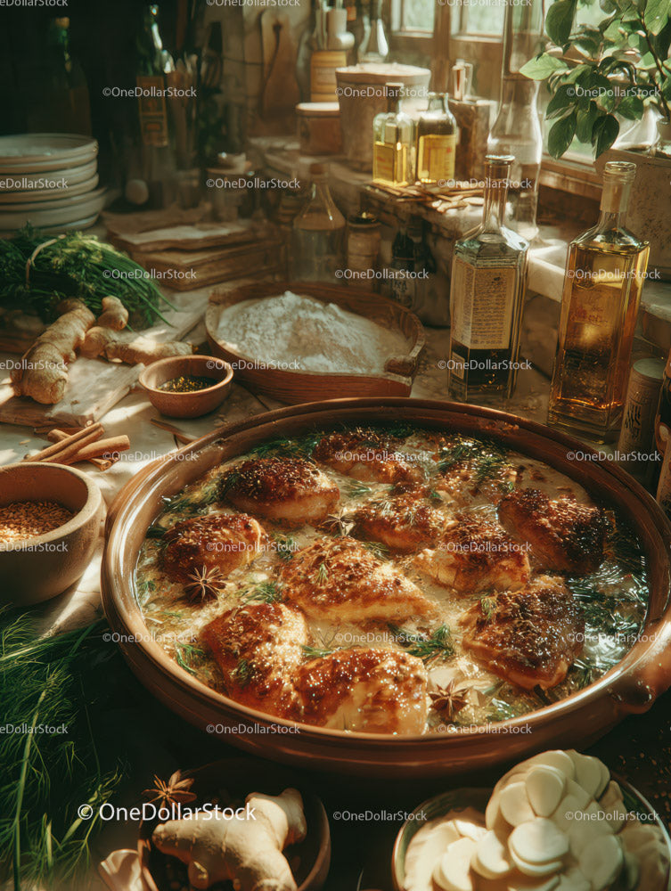 Herb Roasted Chicken in Rustic Kitchen with Fresh Ingredients