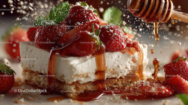 Strawberry Cheesecake with Honey Drizzle and Fresh Fruit Topping