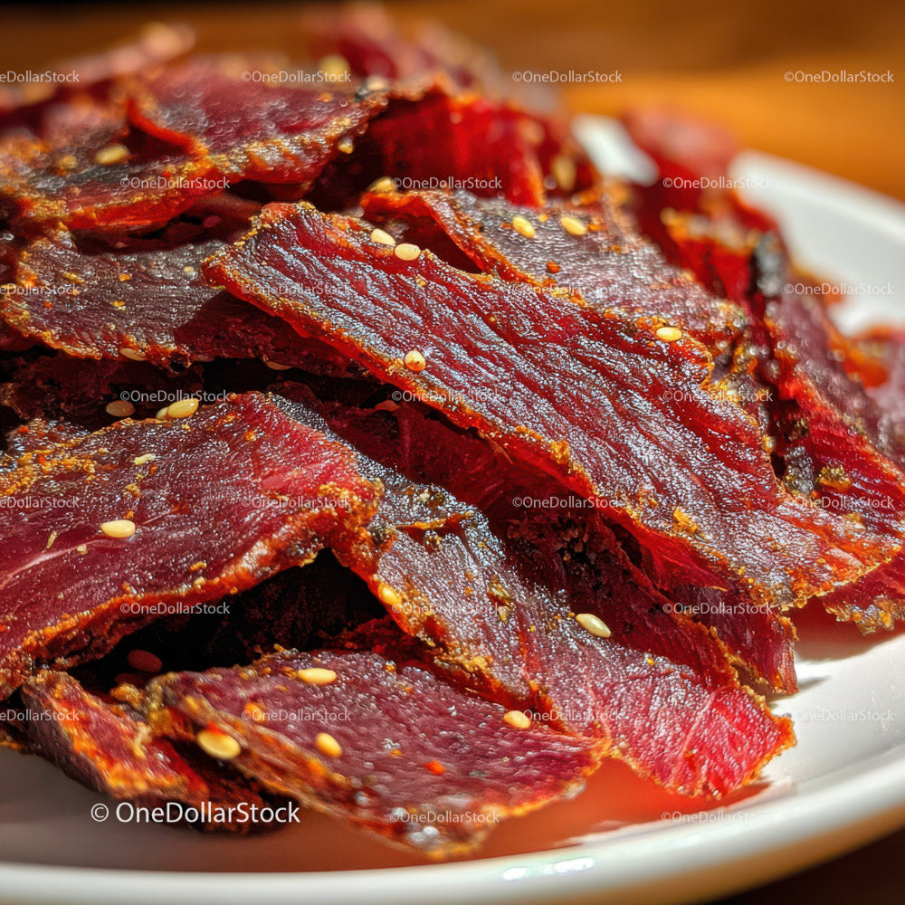 Crispy Beef Jerky Chips with Sesame Seeds in Close-Up