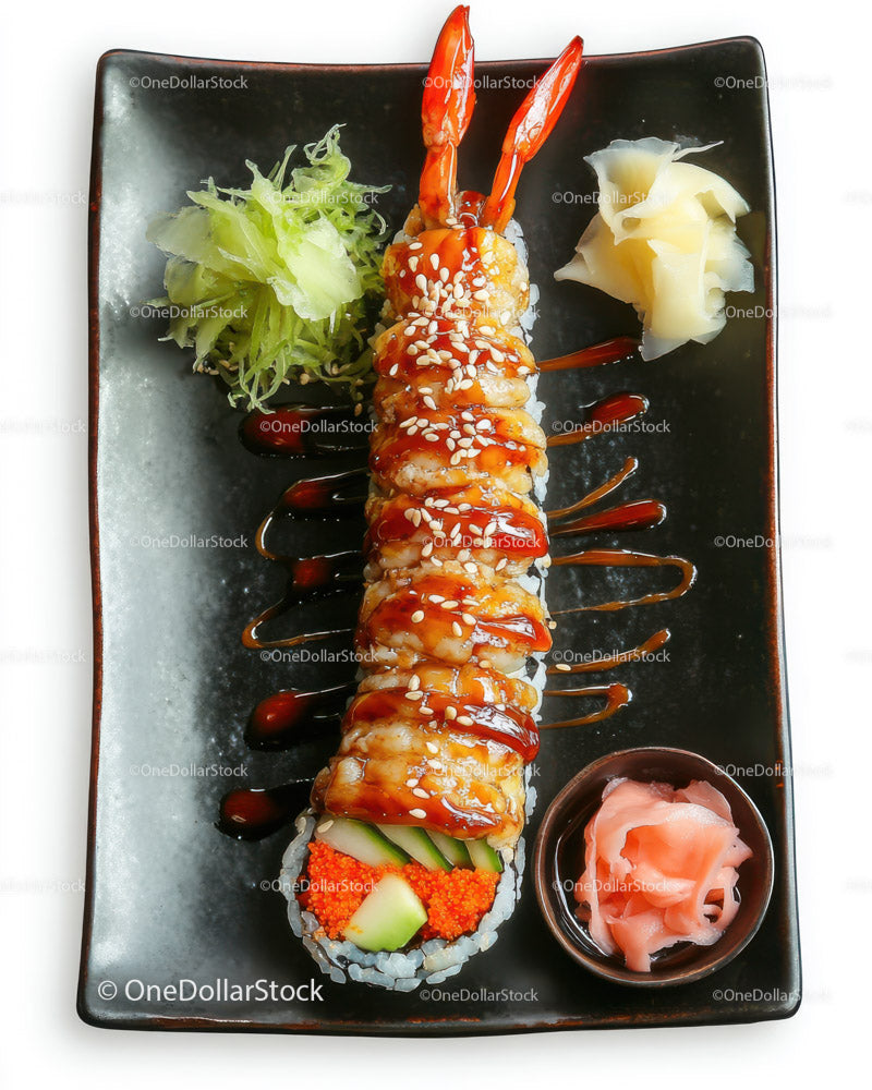 Sushi roll z węgorzem i łososiem na czarnym talerzu