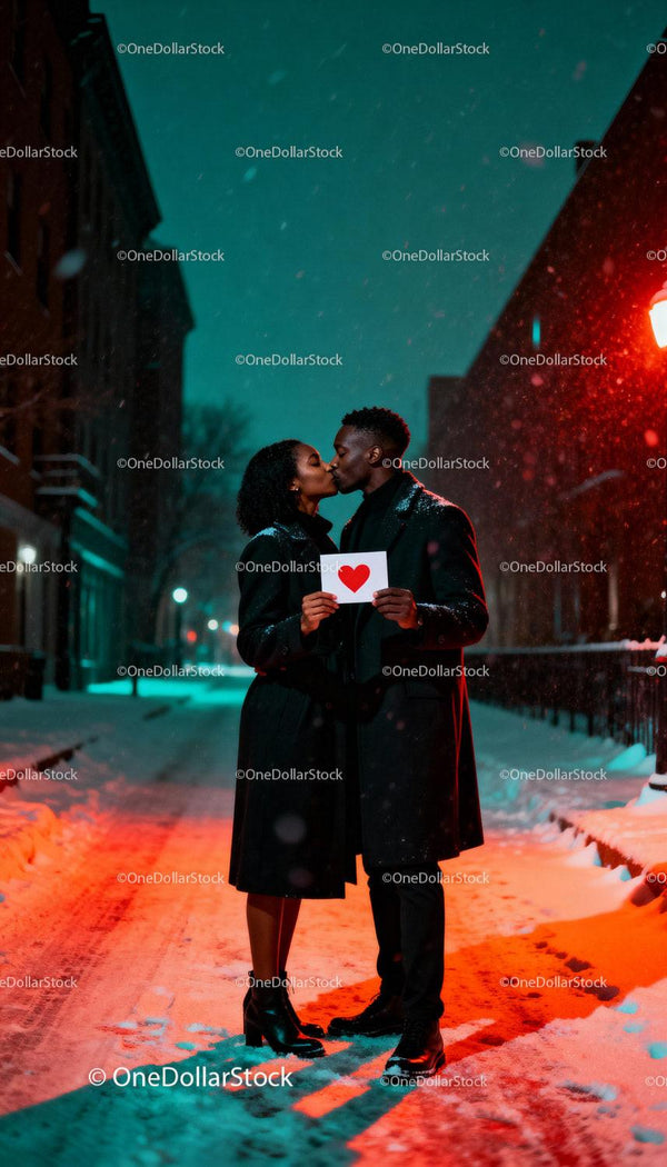 Couple sharing a romantic kiss on snowy urban street