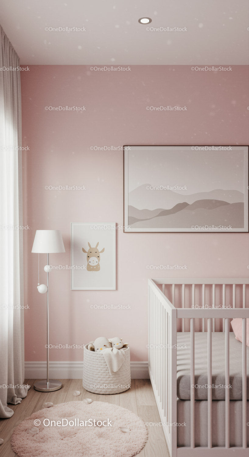 Modern baby nursery with pink walls and minimalist decor