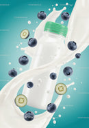Blueberry flavored drink bottle surrounded by milk splash
