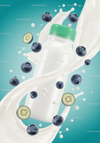 Blueberry flavored drink bottle surrounded by milk splash