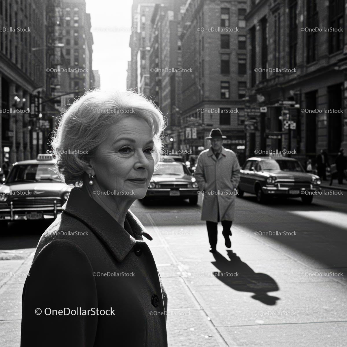 Elegant Elderly Woman Walking in Business District on City Street