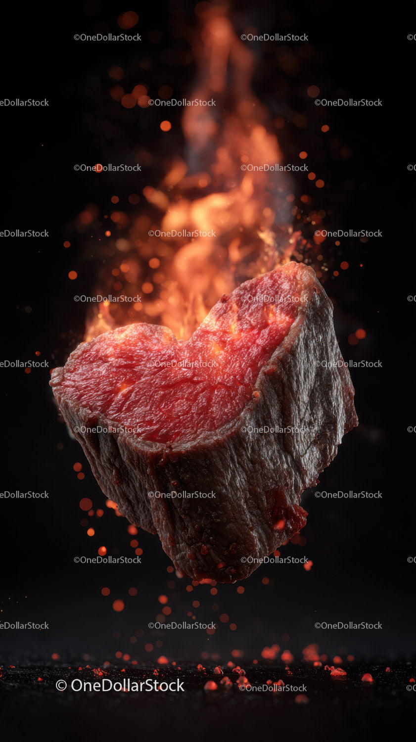 Juicy Red Beef Steak with Sizzling Flames and Sparkles