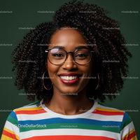 Vibrant Smiling Woman with Curly Hair in Colorful Stripes