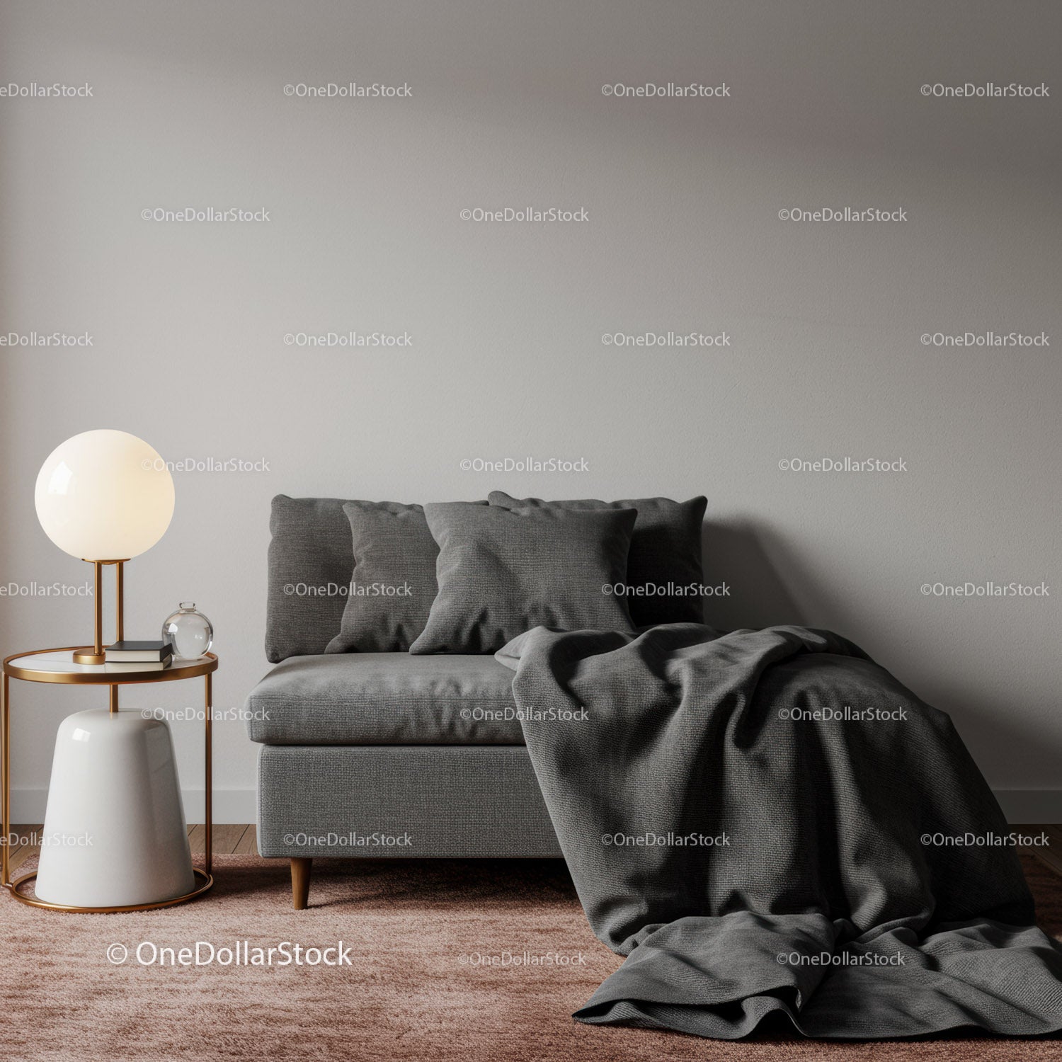 Nowoczesna szara sofa z poduszkami i przytulnym kocem w minimalistycznym salonie