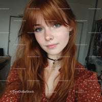 Portrait of Young Woman with Red Hair and Blue Eyes in Casual Setting
