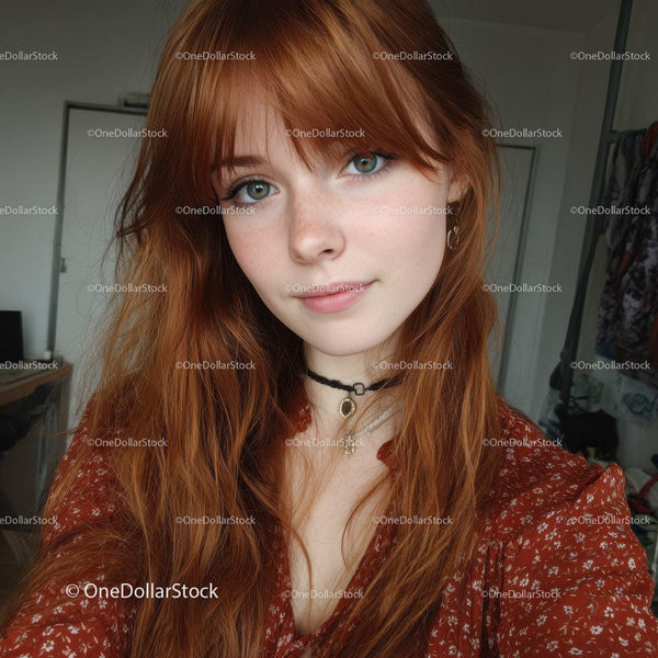 Portrait of Young Woman with Red Hair and Blue Eyes in Casual Setting