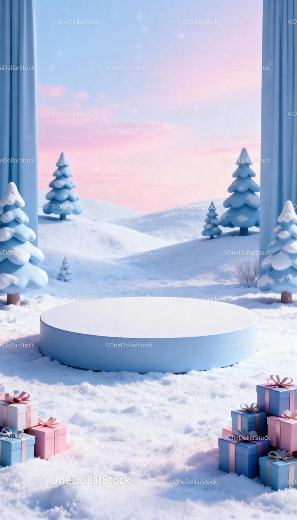 Winter scene with snowy trees and gift boxes on stage