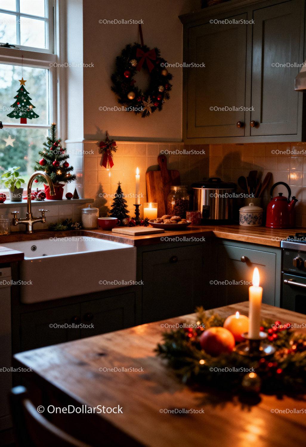 Cozy kitchen with warm Christmas decorations and candles