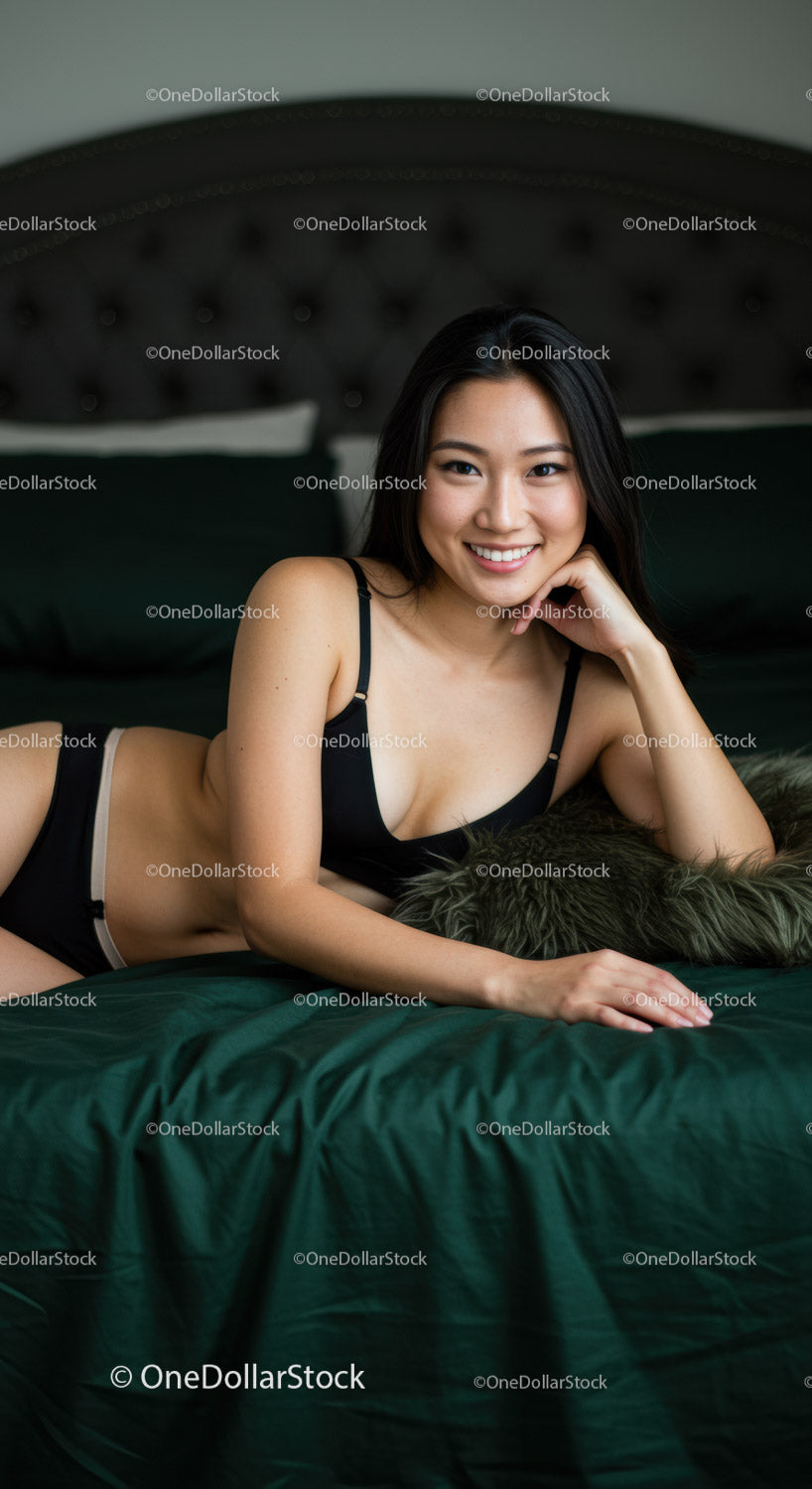 Smiling woman relaxing on dark green bed in lingerie
