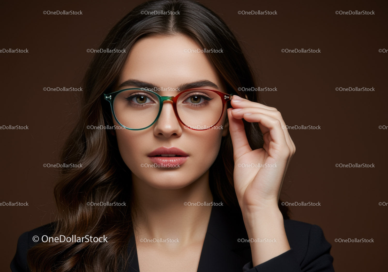 Stylowa kobieta w kolorowych okularach na brązowym tle