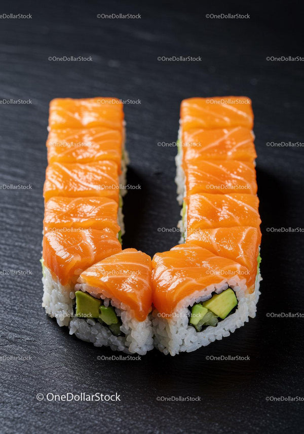 Świeże rolki sushi z łososiem ułożone w kształt litery U