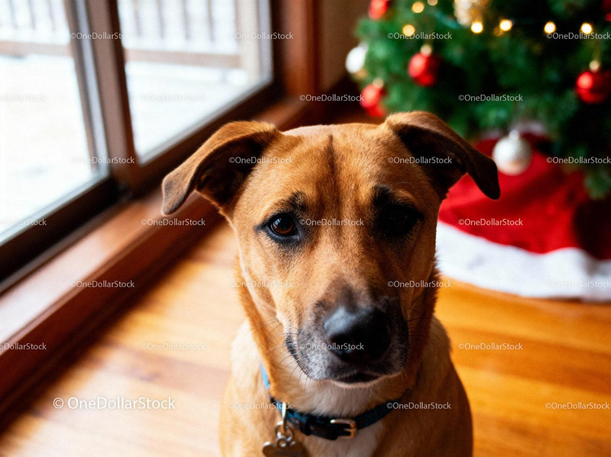 Portrait of a Dog Near Christmas Tree in Cozy Home