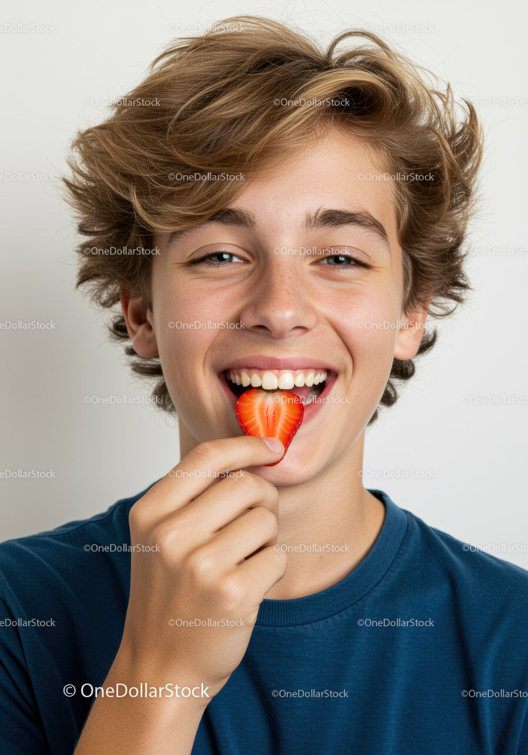 Joyful Boy Enjoying Fresh Strawberry Smiles Bright Summer Mood