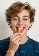 Joyful Boy Enjoying Fresh Strawberry Smiles Bright Summer Mood
