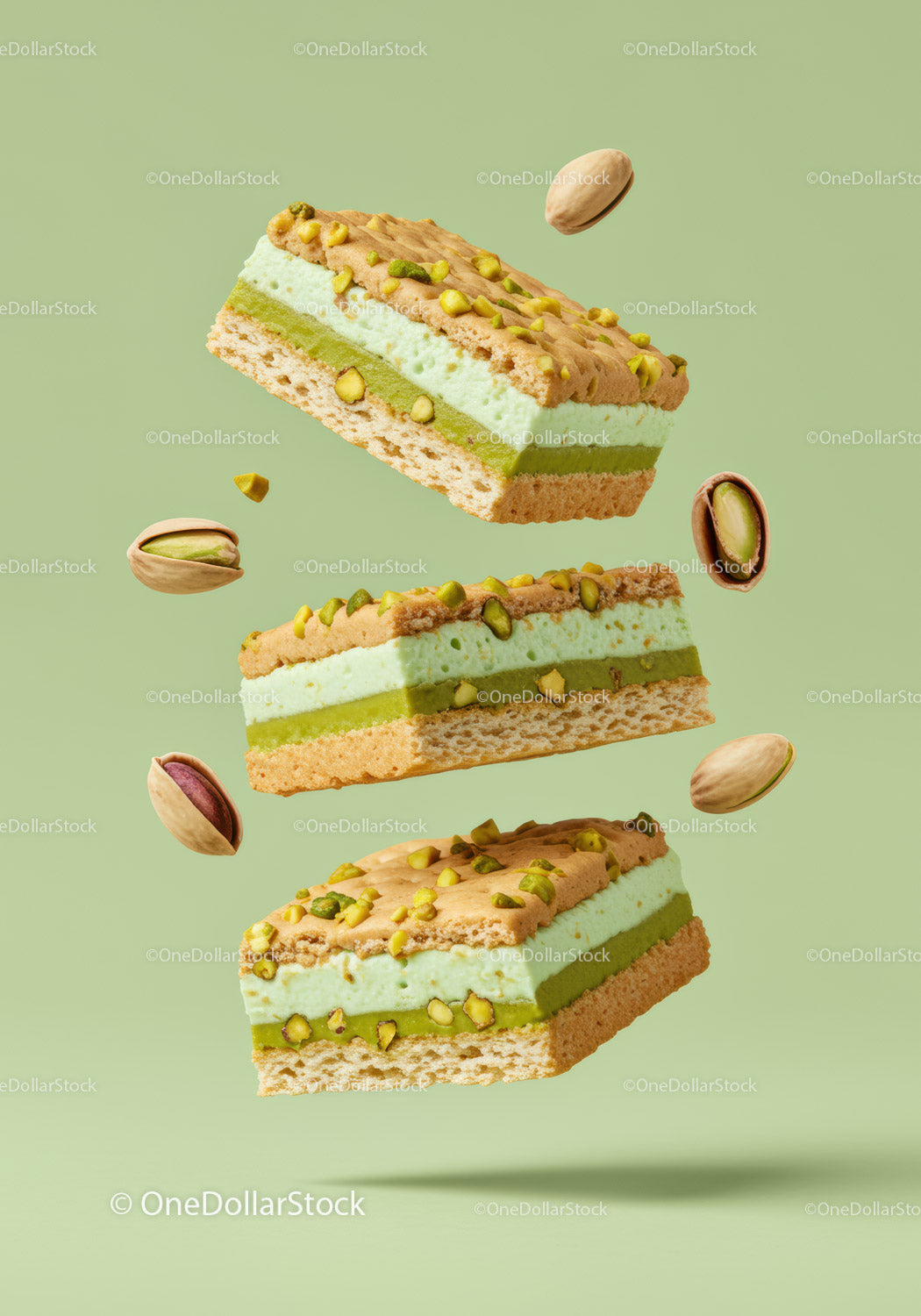 Deserowe batony z warstwami kremu pistacjowego na zielonym tle