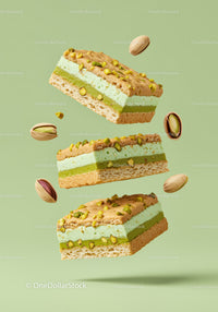 Pistachio Cream Layered Dessert Bars on Green Background