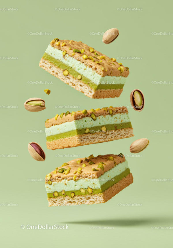 Pistachio Cream Layered Dessert Bars on Green Background