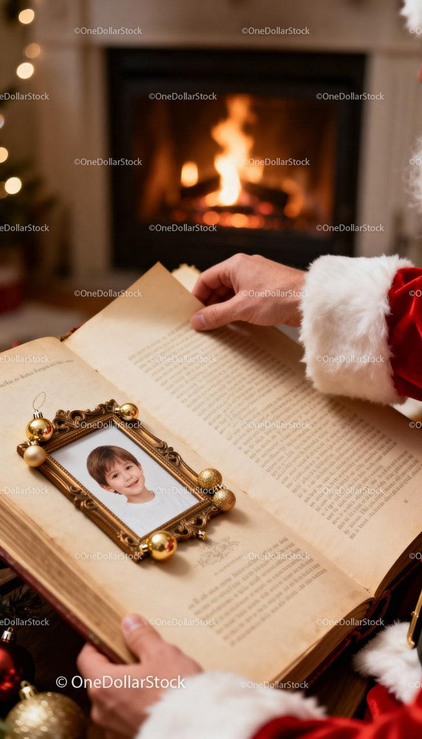 Santa Claus reading nostalgic book by warm fireplace