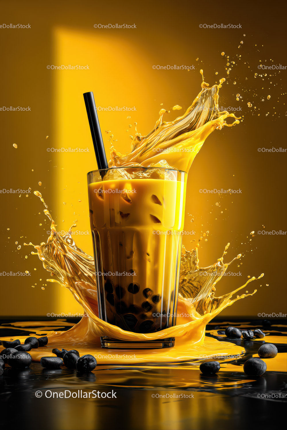 Vibrant Bubble Tea with Splash Effect and Black Tapioca Pearls
