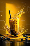 Vibrant Bubble Tea with Splash Effect and Black Tapioca Pearls