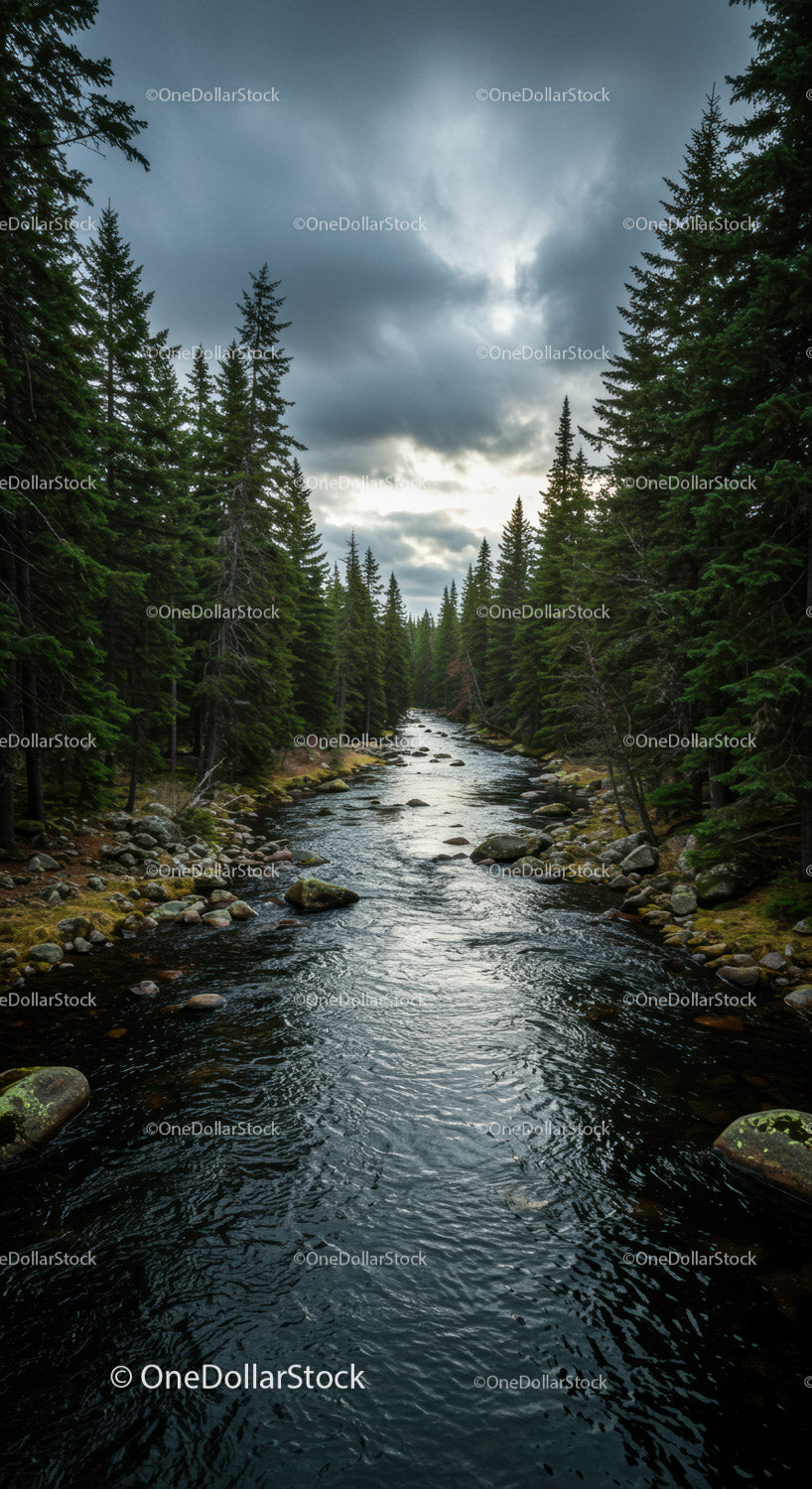 Calm Mountain River Flowing Through Pine Forest