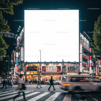 Busy urban crosswalk with illuminated city signs at night