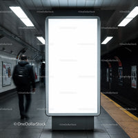 Blank illuminated billboard in a busy subway station