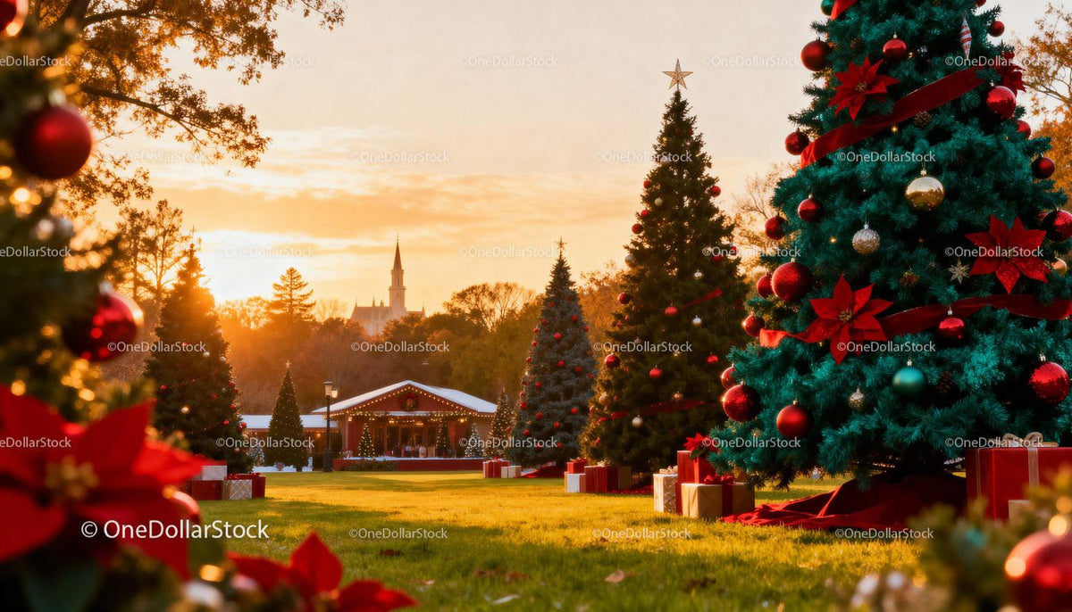 Christmas trees decorated with ornaments at sunset park