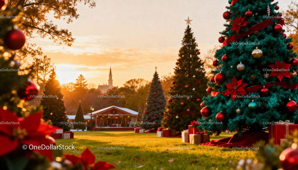 Christmas trees decorated with ornaments at sunset park