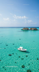 Breathtaking Tropical Overwater Bungalows with Boat and Clear Blue Sea