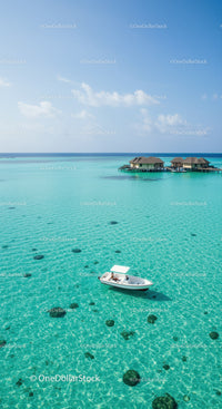 Breathtaking Tropical Overwater Bungalows with Boat and Clear Blue Sea