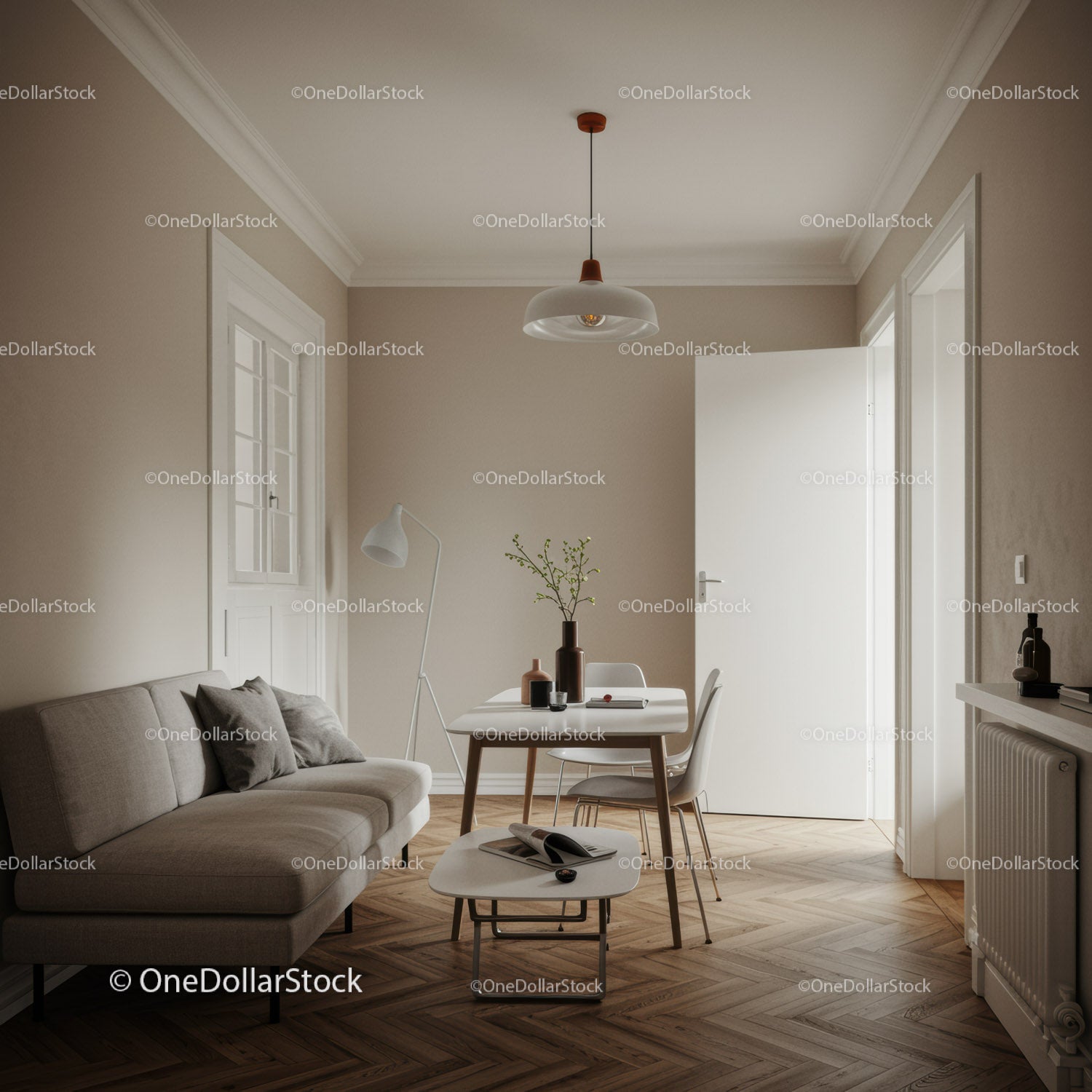 Jasny, minimalistyczny salon z drewnianą podłogą i przytulnym wystrojem